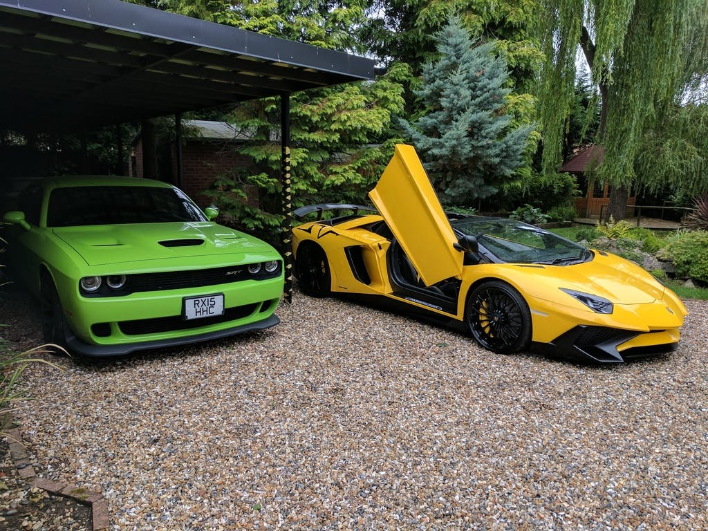 Hellcat and Aventador SV outside at home garage - Kishore Naib