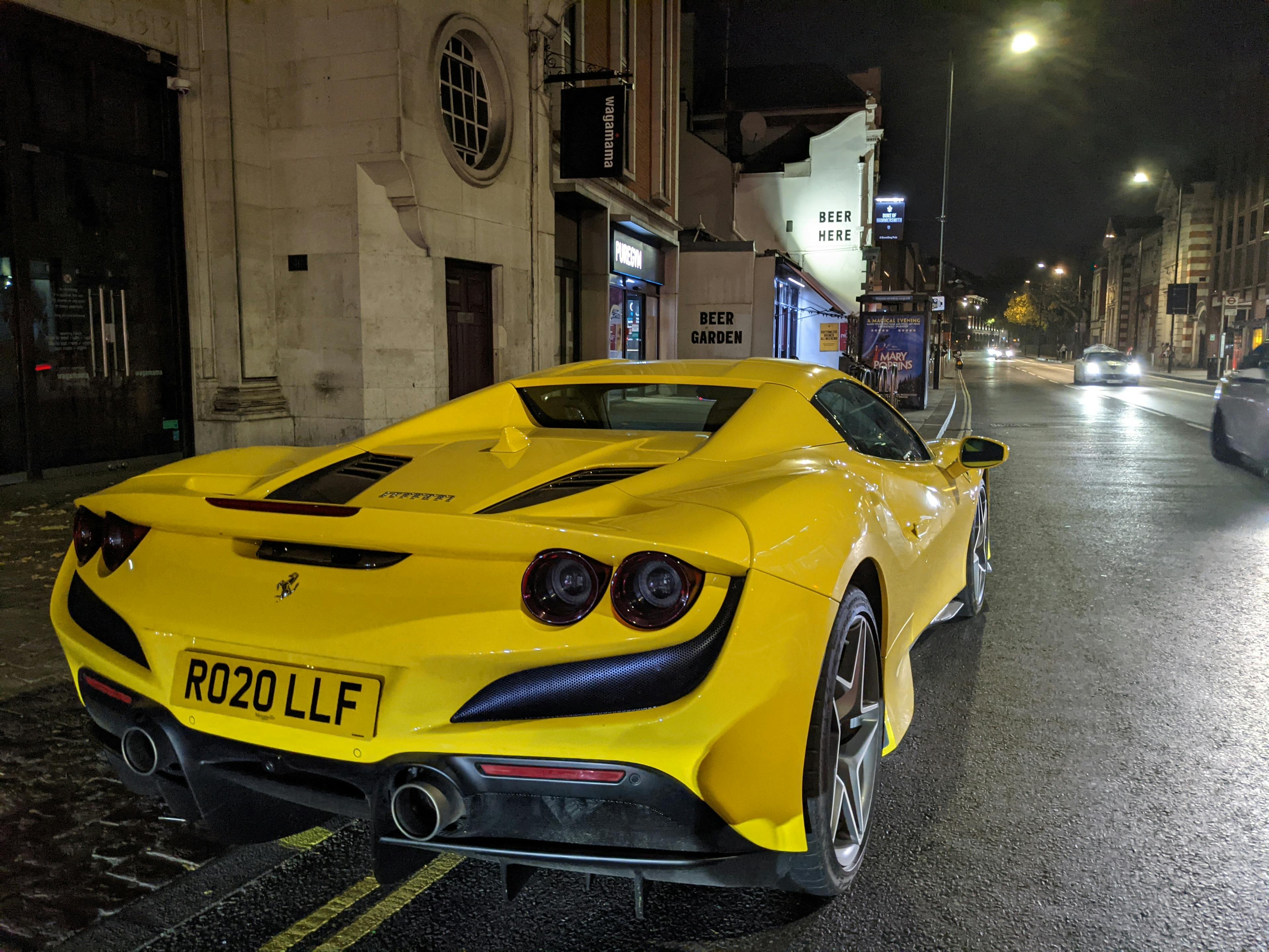 Kishore Naib's Ferrari F8 Spider parked outside Pure Gym Hammersmith Palais